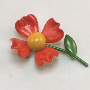 Vintage Enamel Flower Brooch in Orange, Yellow & Green